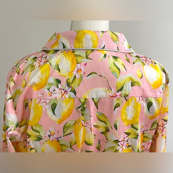 Womens L Pink w/ Yellow Lemon Print Long Sleeve Pajama Shorts Set Preppy Classic - Picture 7 of 16